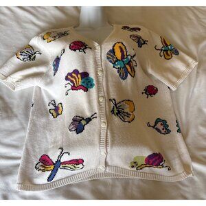 Butterfly Print Short Sleeve Cardigan Button Front Size Large Beige Multicolor